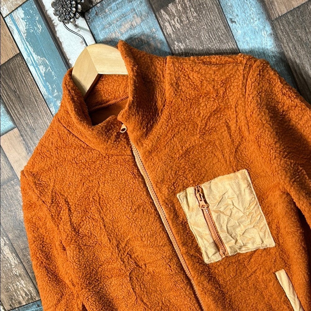 Orange Fleece fuzzy zip Jacket with Pockets - Picture 4 of 16